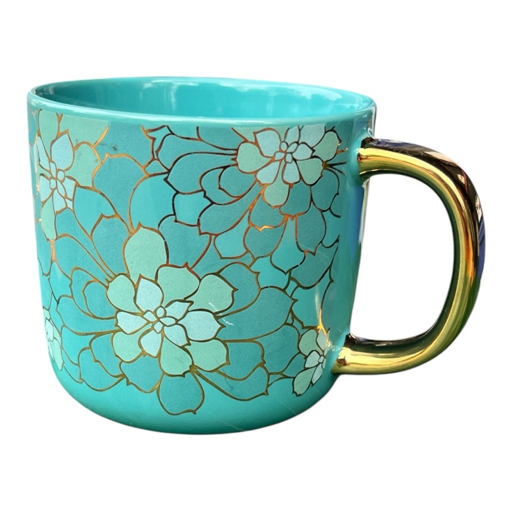 Thyme & Table Stoneware Coffee Mug, 16 fl oz, Teal Succulent with Gold accents